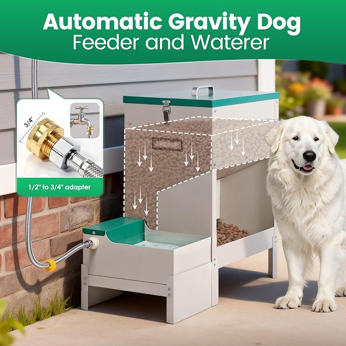 40-50lb Dog Self Feeder Outdoor Automatic Dog Feeder and Water Raised 6L Water Bowl Dispenser Auto Metal Gravity Dog Feeder 3.94" Elevated Animal Feeder Feeding Station for Large Breed