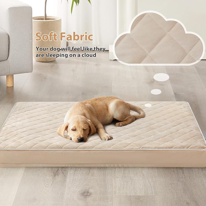 WNPETHOME Orthopedic XXL Dog Beds for Large Senior Dog Bed Comfy Sleeping | XXL Washable Waterproof Dogs Bed with Removable Cover, Multi-Needle Quilting Dogs Crate Bed for Relax , Beige 55x42 Inch