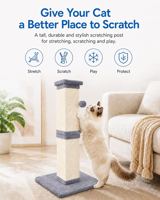 Vertical Cat Scratching Post for Indoor Cats, Sisal Scratch Tower with Soft Plush Base & Ball, 32'' Tall Cat Scratcher Column for Kittens and Adult Cats, Furniture Protection, Light Grey