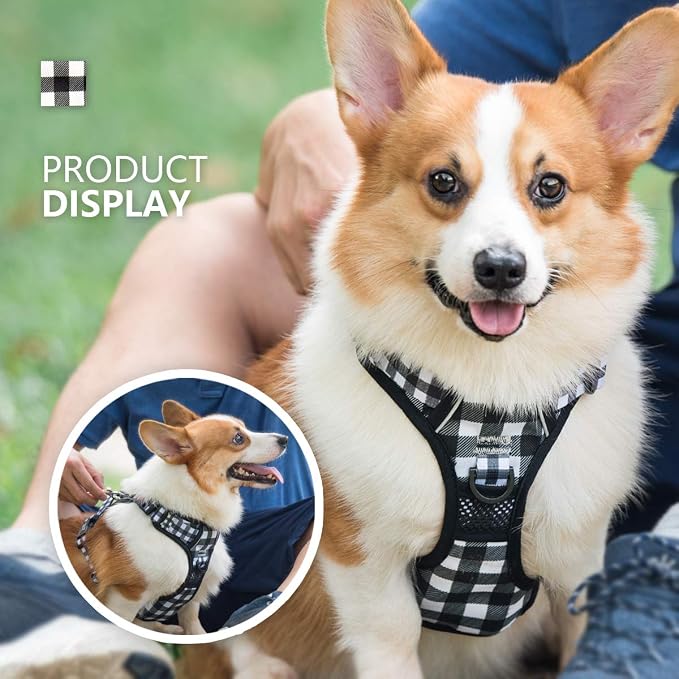 PoyPet Plaid Dog Harness Large, No Pull Vest with Front Clip & Neck Buckle | Padded Handle, Reflective, No Choke, Lockable, 2 Leash Rings, Full Adjustable, for Training Walking, XL, Grid