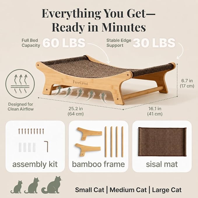 XL Sisal Cat Scratcher Bed with Elevated Hammock for Indoor Cats, Replaceable Natural Sisal Pad, Large Cat Lounge, Anti-Slip No-Wobble Bamboo Frame, Dark Brown Chevron