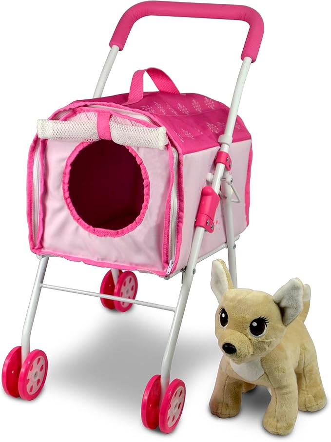 ANIVIA Pet Stroller and Accessories for Kids Ages 3 to 7 Year Olds, Dog Toy for Toddlers, 2 Pieces Play Dog Set, Puppy Party Playset with 1 Pet Puppy Included Pink