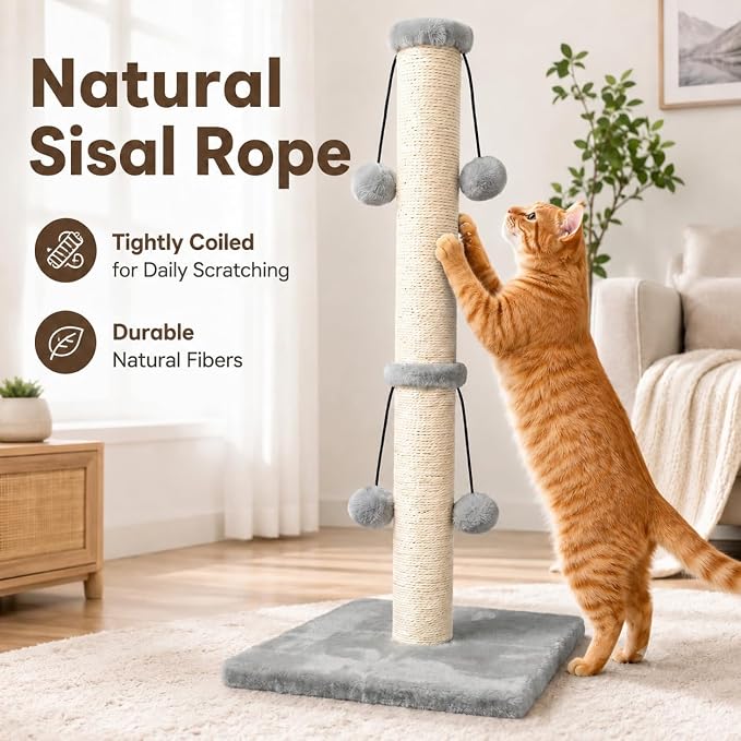 Dimaka 29'' Cat Scratching Post, Natural Sisal Rope Scratcher Post, Kitten Claw Scratch with 4 DanglingToy Balls for Large Cats (Grey)