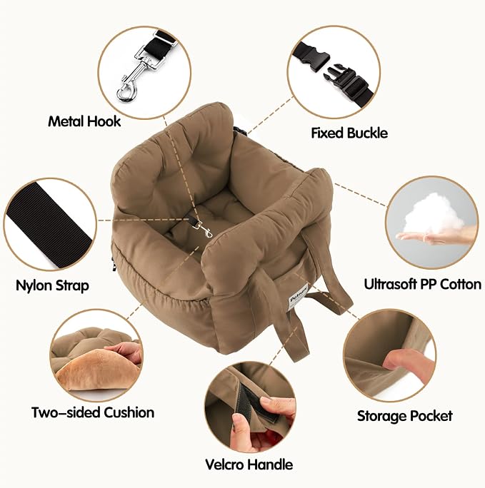 Dog Car Seat for Small Dogs, Portable Puppy Car Seat of Easy Installation, Fashionable Pet Carrier Bag with Large Pockets, Machine Washable Dog Booster Seat (Khaki)