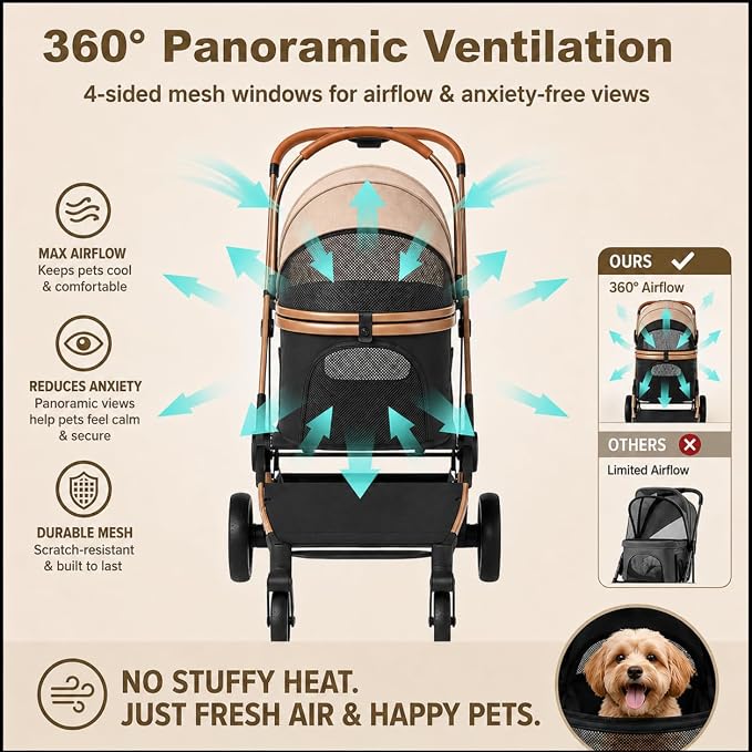 6-in-1 Cat Stroller for Cats & Small Dogs, Foldable Travel | Luxury Brown Pet Stroller, Detachable Carrier, Foldable Dog Stroller for Small Dogs, 360° Wheels, Frame Supports up to 50 lbs