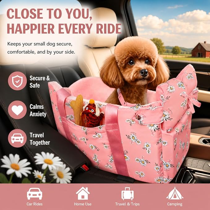 Console Dog Car Seat for Small Dogs Up to 11 Lbs, Pink Daisy | Portable Armrest Booster With Soft Cushion Safety Belt