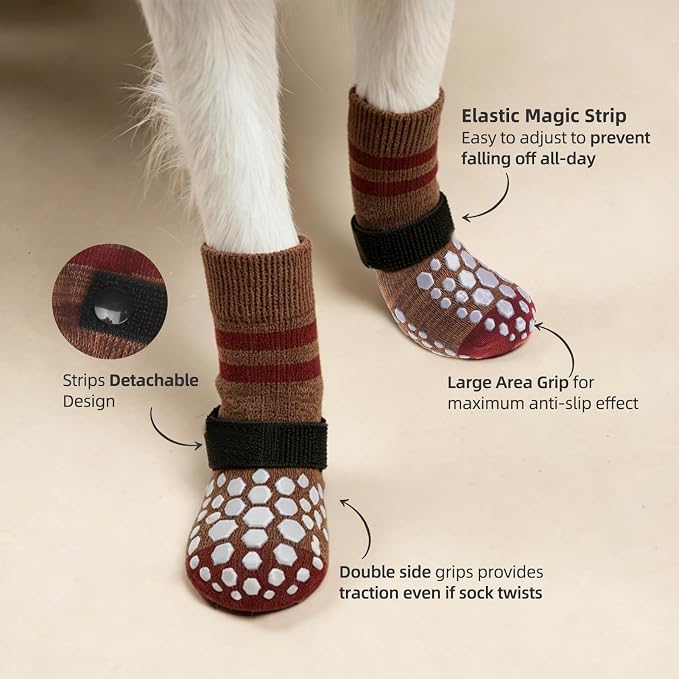 PUPTECK Anti-Slip Dog Socks with Double Sides for Small Medium Large Dogs Hardwood Floors Prevents Licking, Dog Shoes for Hot Pavement Traction Control Paw Protector for Senior Dogs, Striped Brown S