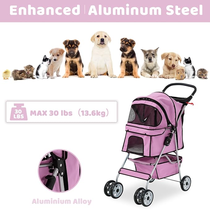 Pet Stroller for Small Medium Dogs & Cats, 4-Wheel Breathable Compact Foldable Dog Carrier with Storage Basket, Outdoor Portable Lightweight Travel Stroller for Camping,Pink