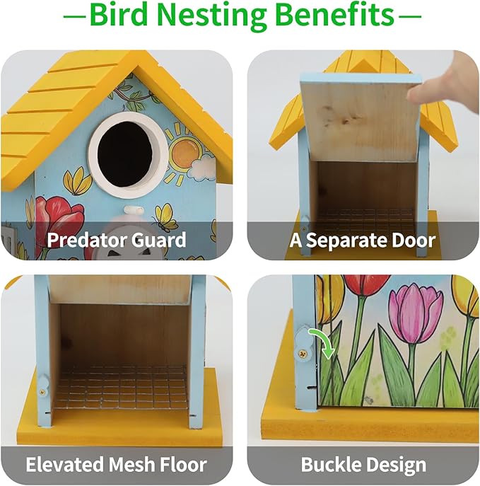 Wooden Bird Houses Bird House for Outside Yellow Wood Bird House for Outdoors,Handmade Painted Tulips Bird Houses for Garden Blue Bird Hummingbird Wren Cardinal Swallow Sparrow Finch Chickadee