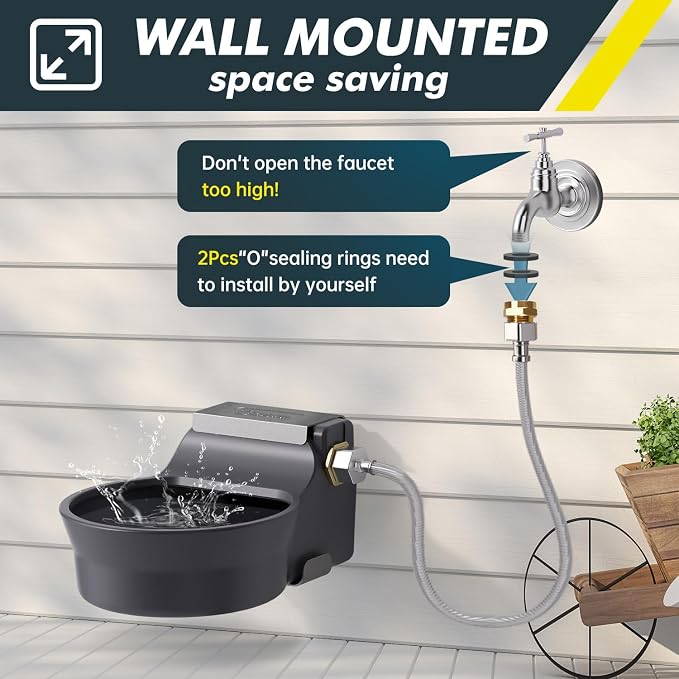 67OZ Automatic Water Dispenser for Dogs Patented Auto-Filling Dog Water Bowl Dispenser Wall-Mount Saving Space Outdoor Automatic Dog Water Feeder Includes Fixed Part Copper Connector 3/4'' Water Hose
