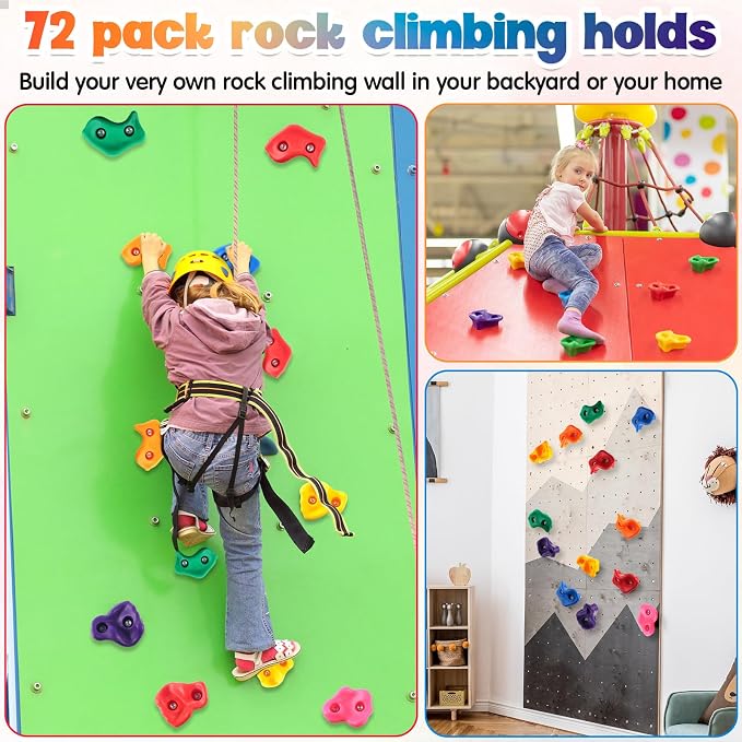 Meooeck 72 Pcs Kids Rock Wall Climbing Holds Set Colorful Grips with Mounting Screws and Hardware for DIY Indoor Outdoor Backyard Playground Back to School Birthday Gift(Classic Color)