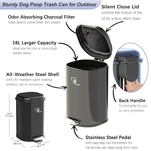 Dog Poop Trash Can Outsides, 18L/4.76 Gal Portable Waste Bin with Lid and Removable Inner Odor Control for Indoor Outdoor Dog Waste Station for Bathroom &Kitchen -with Pooper Scooper Set