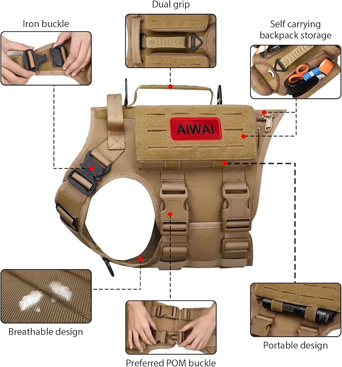 AIWAI Tactical Dog Harness with Handle for Large Dogs,2X Metal Buckle, Dog MOLLE Vest with Pockets,No Pull Adjustable Pet Harness, Easy Control Dog Vest Harness for Working Training (Khaki, XL)