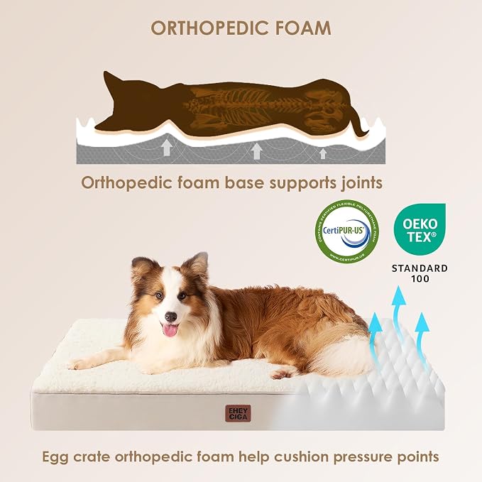 EHEYCIGA Orthopedic Dog Bed Large with Removable Washable Cover, 47IN Camel | Egg Crate Foam Support, Durable Oxford fabric, Non-Slip Bottom, Machine Washable, Soft Waterproof Plush Pet Bed Mat For Crate