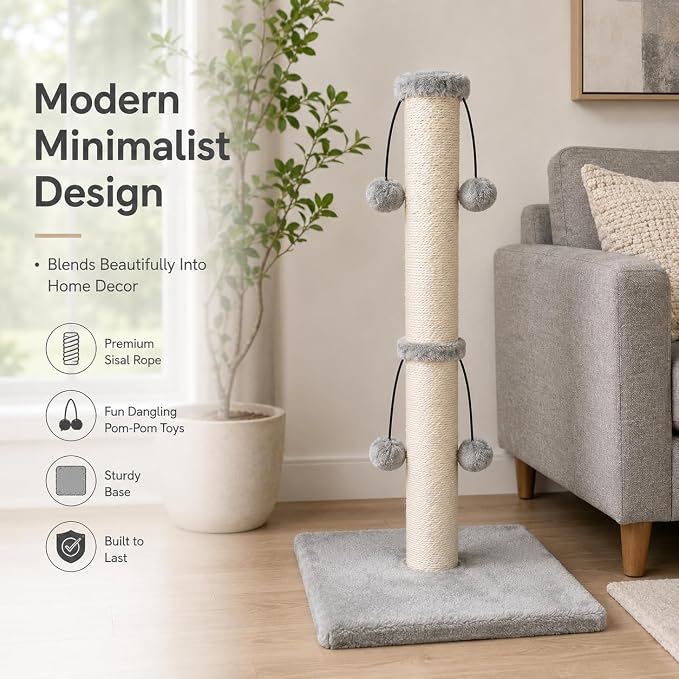 Dimaka 29'' Cat Scratching Post, Natural Sisal Rope Scratcher Post, Kitten Claw Scratch with 4 DanglingToy Balls for Large Cats (Grey)