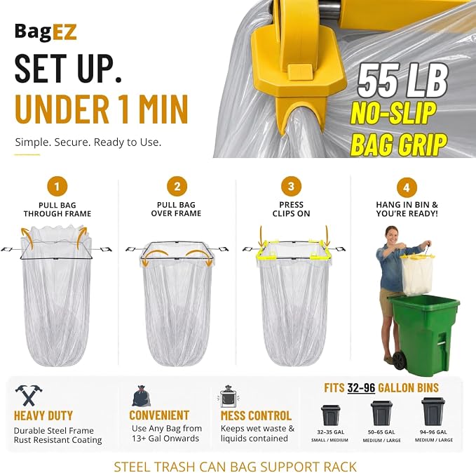 Trash Bag Holder 13x13 – Metal Garbage Bag Frame with Clips – Holds 13, 30 & 33 Gallon Liners Inside 32-96 Gallon Cans – Foldable Bag Stand & Opener for Kitchen, Camping, & RV