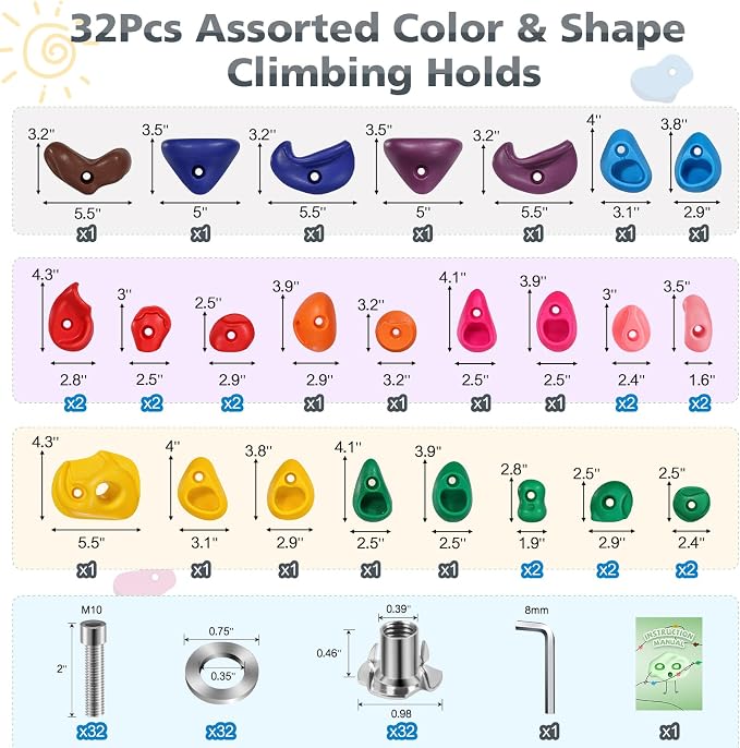 TOPNEW 32 Rock Climbing Holds Multi Size for Kids, Adult Rock Wall Holds Climbing Rock Wall Grips for Indoor and Outdoor Playground Play Set - Includes 2 Inch Mounting Hardware