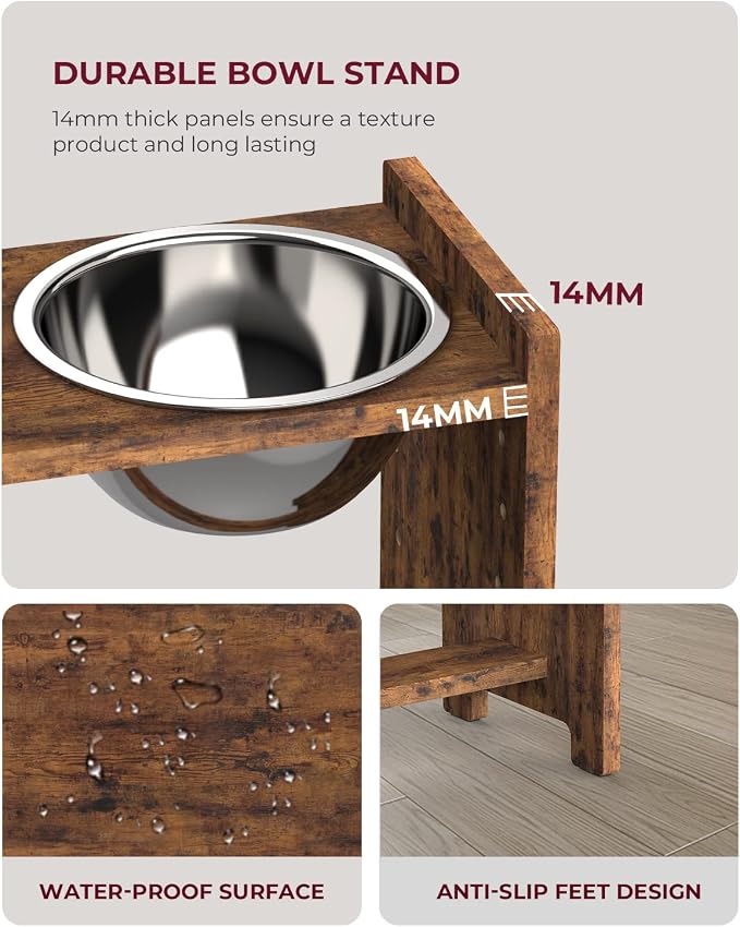 Elevated Dog Bowls, Adjustable Bowl Stand Medium, Rustic Brown | Particle Board Raised Dog Bowl Stand with 2 Stainless Steel Bowls for Medium Dogs