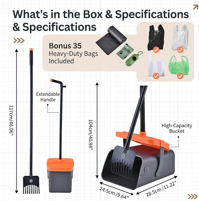 46-Inch Dog Pooper Scooper, Swivel Bin & Rake Set with Extended Handle, Odor-Sealing Lid, Bag Holder + 35 Free Waste Bags, for Large Small Dogs, Yard & Outdoor Use