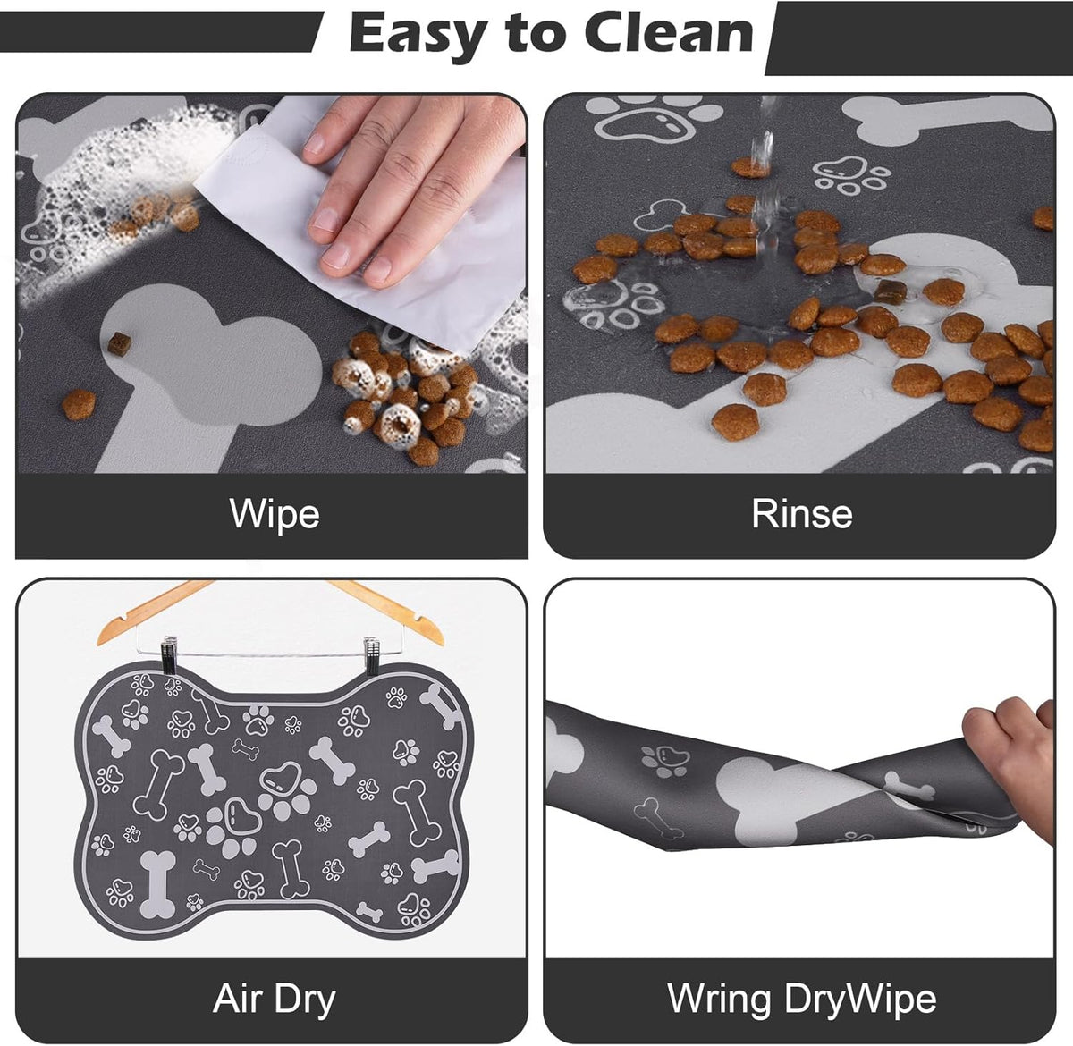 Dog Cat Food Mat,Rapid Absorbent Pet Feeding Mat, Bone Shaped Dog Placemat Water Bowl Mat with Rubber Backing,No Stains Dog Cat Food Mats Indoor, Pet Accessories Supplies 16"×24" Dark Grey