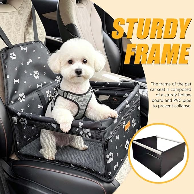 Pet Dog Booster Seat, Upgrading the Framed wall to Prevent Collapse，Breathable and Foldable Pet Car Basket，Removable andWashable pet car seat (Black Footprints)