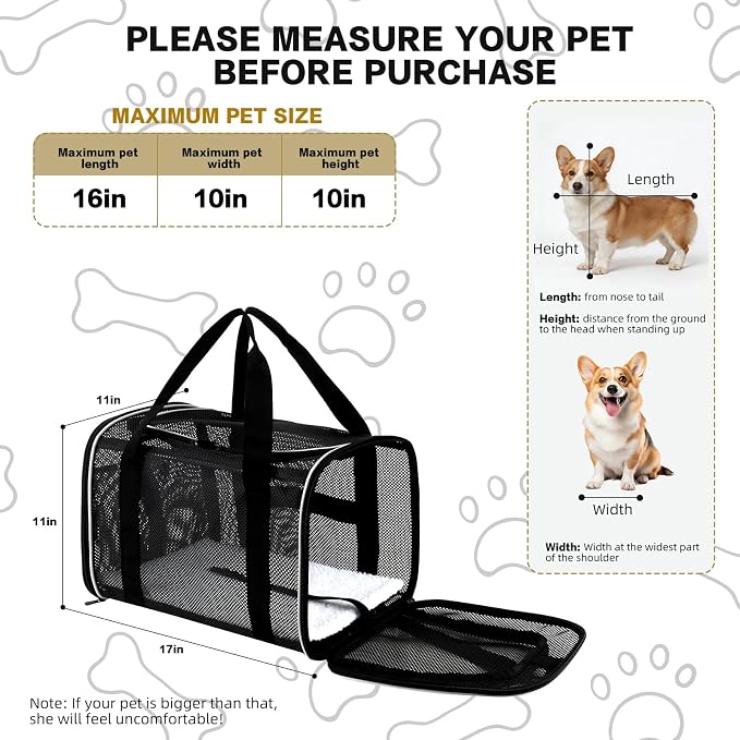 Cat Carrier Dog Carrier Pet Carriers Soft-Sided Cats Bag Animal Carriers Puppy Carrying Bag TSA Airline Approved Small Dog Carrier Soft Sided, Collapsible Travel Carriers for Big Cats(Up to 16lbs),