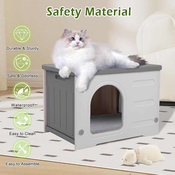 Waterproof Cat House for Outdoor Cats, Plastic Feral Cat House | with Escape with Escape Door and Soft Mat, Indoor Cat Shelter for Mutiple Cats - Grey