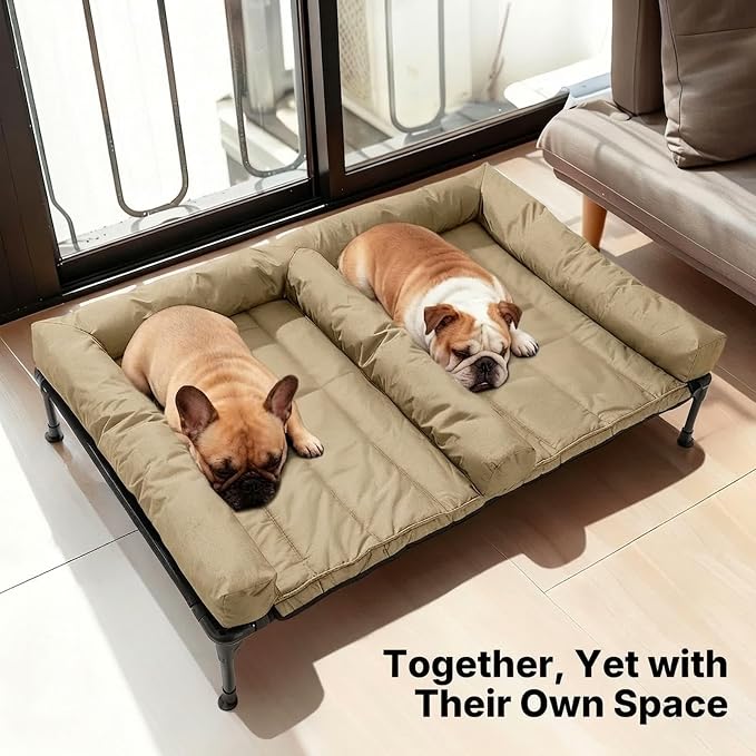 Veehoo Elevated Dog Bed for 2 Dogs, Cooling Raised Dog Bed with Bolster Mat | Outdoor Double Dog Bed with Removable Waterproof Cushion, Breathable Mesh, Non-Slip Feet for Outdoor & Indoor, 49", Beige