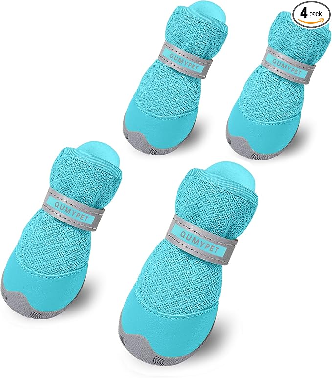 QUMY 4PCS Dog Shoes for Small Dogs, Hot Pavement Summer Puppy Dog Boots & Paw Protectors with Soft Anti-Slip Rubber Sole, Mesh Breathable Dog Booties for Hardfloors, Walking Running Blue Size 5