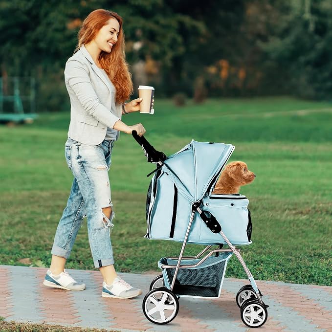 Pet Stroller for Small Dogs and CatsQuick-Folding Portable Travel Cat Dog Stroller with Storage Basket and Cup Holder, 4 Wheels, Light Blue