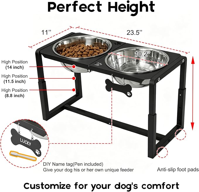 Metal Elevated Dog Bowls, Raised Dog Bowls for Large/Extra Large Breeds with Two 111oz Stainless Steel Food Bowls, 3 Adjustable Height (8.8"/11.5"/14") Dog Bowl Stand Protect Neck & Joints
