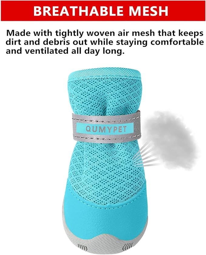 QUMY 4PCS Dog Shoes for Small Dogs, Hot Pavement Summer Puppy Dog Boots & Paw Protectors with Soft Anti-Slip Rubber Sole, Mesh Breathable Dog Booties for Hardfloors, Walking Running Blue Size 4