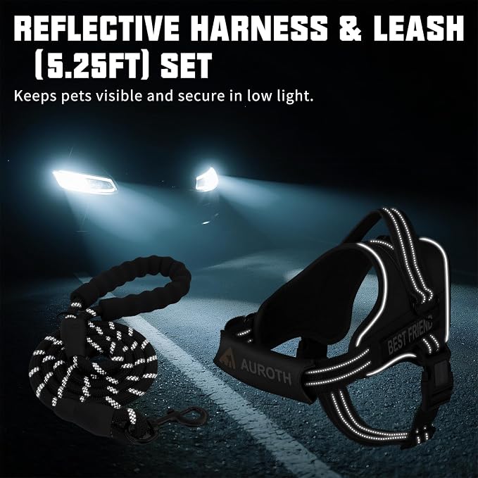 AUROTH Dog Harness and Leash Set for Medium Sized Dog, No Pull Dog Vest | with 5.25FT Dog Leash, Breathable Soft Padded, No choke, Reflective Tactical, Easy to Put on & Take Off - Black Medium