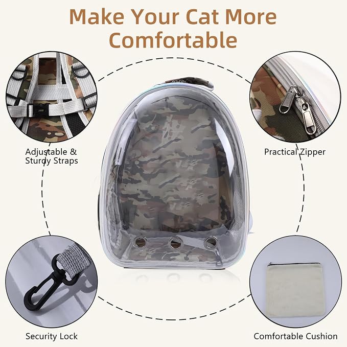 TOYSINTHEBOX Cat Backpack Carrier Back Expandable Bubble Pet Carrier Backpack for Large Cat, Kitten and Dog, Designed for Hiking, Camo