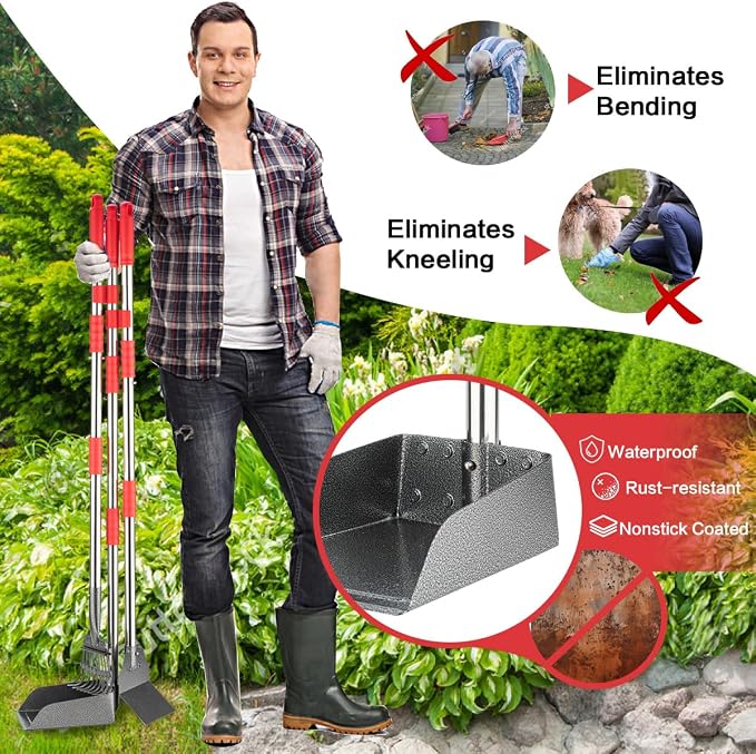 FUSBUNTY Pooper Scooper, Long Handle Dog Pooper Scooper, Heavy Duty Stainless Steel Rake with Tray & Spade Set for Pet Waste Removal, for Grass, Dirt or Gravel