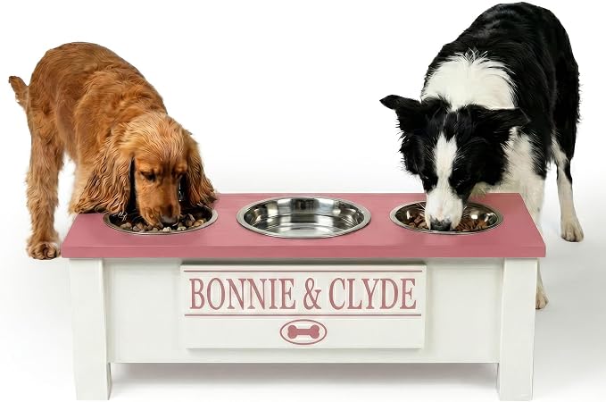 3 Bowl Dog Feeding Station, Personalized Triple Bowl Food Stand Medium Dogs | Farmhouse Style, Elevated Wood Stand, Storage Container, Stainless Steel Bowls, Raised Anti-Slip Feeder, Made in USA