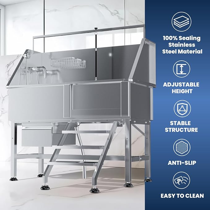 46" Dog Wash Station, 304 Stainless Steel, Side Stair, 440 lb | Storage Drawer, pet grooming tub, hot cold faucet, fixed sprayer, shampoo dispenser, S-trap, hair filter, garage outdoor use