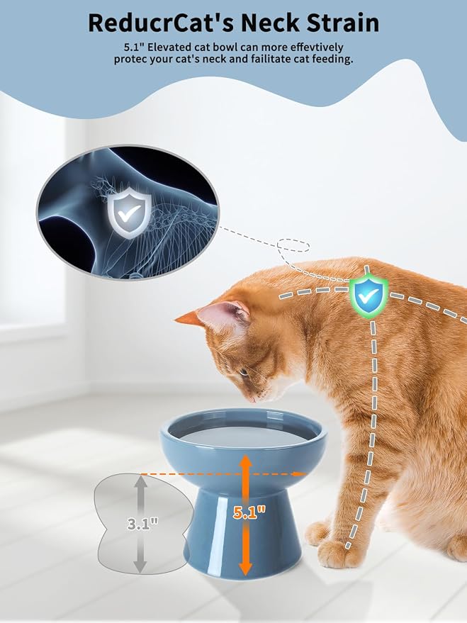 LoeJan Elevated Cat Food and Water Bowls Set, Extra Wide and Raised Ceramic Feeder, Anti-Vomit Whisker-Free Pressure Feeding Bowl for Kittens Adult Small Dogs (Deep Blue)