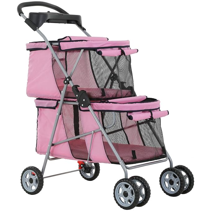 Dog Stroller Cat Pet Carriers for Small Medium Dogs Cats Travel Camping 4 Wheels Lightweight Folding Crate Stroller with Soft Pad (Pink)