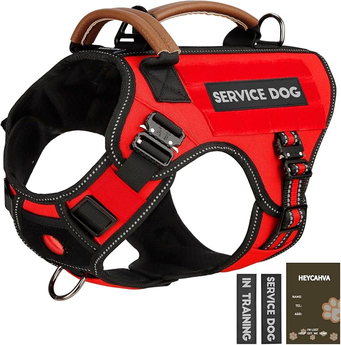 Service Dog Vest - HEYCAHVA Tactical Dog Harness Full Metal Buckles for Large Medium Dogs Reflective No Pull Dog Harnesses Vest with Leather Handle, Hook & Loop for Hiking Training (Red, XL)