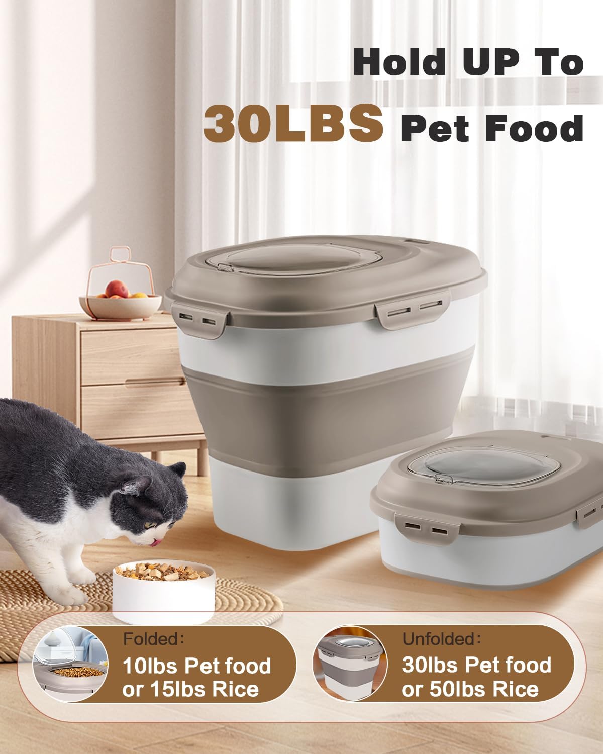 ANVS Dog Food Storage Container - Collapsible Dog Food Container with Airtight Lids, Scoop and 2.5L Small Pet Food Storage Container Dry Food For Dog, Cat and Other Pet Food (Khaki, 30 lbs)
