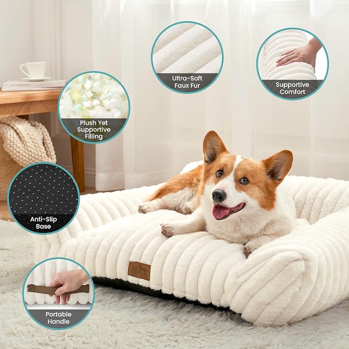 COZY KISS Cute Cat Couch, Fluffy Sofa Bed for Cats and Small Dogs, Premium Faux Rabbit Fur Cats beds for Indoor Cat, Ultra-Soft Supportive Pet Couch Furniture (Cream, S: 25.5''x17.5'')