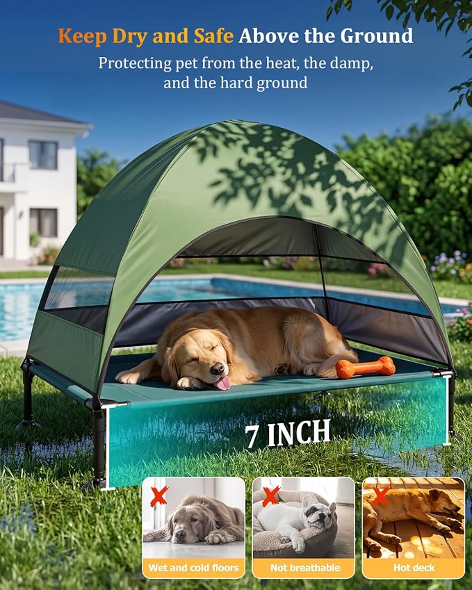 Elevated Outdoor Dog Bed with Canopy, Raised Dog Cot with Stable Adjustable Feet, Dog Camping Bed with Larger Shade, Lifted Dog Tent Bed with Canopy for Outside (Green, Large)