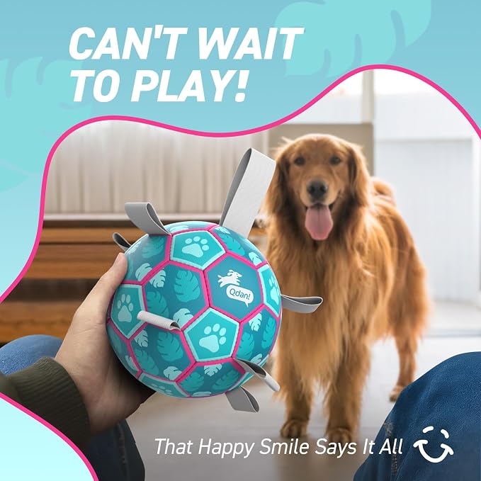QDAN Dog Toys Soccer Ball with Straps, Beach Pool Dog Water Toy, Herding Balls for Dog, Blue (6 Inch)