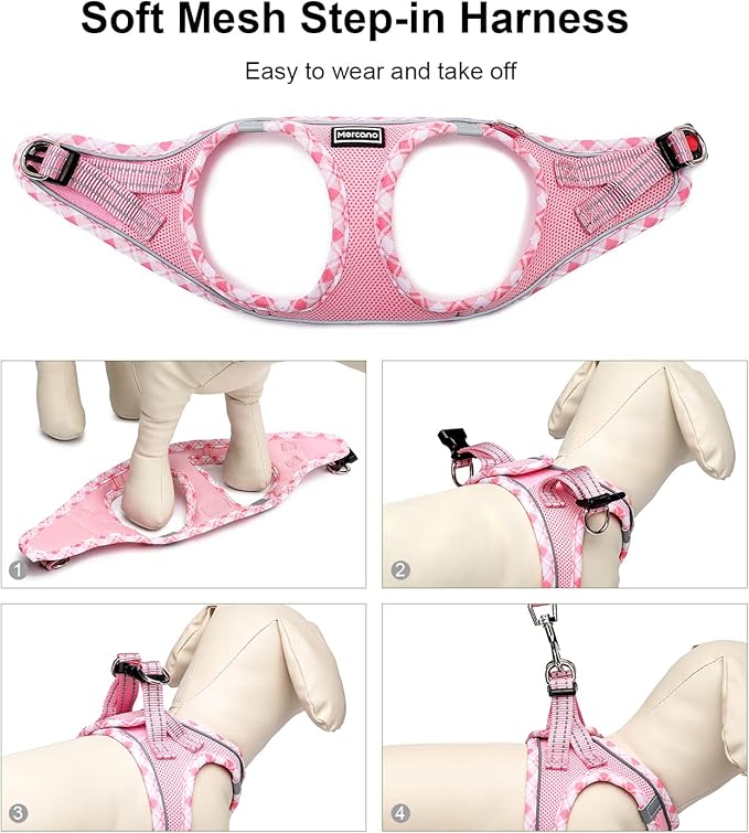 Mercano Soft Mesh Dog Harness and Leash Set, No-Chock Step-in Reflective Breathable Lightweight Easy Walk Vest Harnesses with Safety Buckle for Small Dogs, Cats (Pink, S)