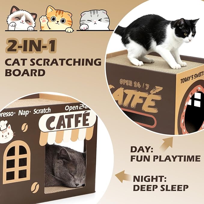 ARGOPET Cardboard Cat Scratcher House, Cozy Cardboard Design with 2 PCS Scratching Pads, Cat Scratcher Box & Bed, 17-Inch Corrugated Cat Scratcher, Safe and Secure for Kittens, Easy to Assemble（Brown）