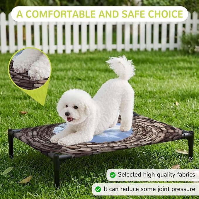 Outdoor Elevated Dog Bed for Large Dogs, Circular Well Breathable Cooling Raised Dog Cot for Indoor/Outdoor, Tree Branches Sky Vintage Aged Waterproof Elevated Pet Beds, L 28 x 22 in