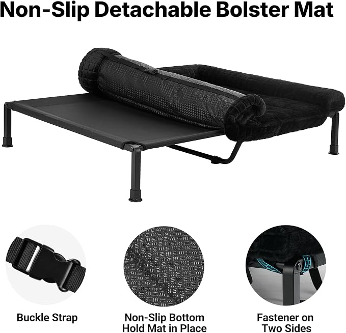 Veehoo Elevated Dog Bed with Fluffy Plush Bolster Cushion, Dog Couch Bed | Cooling Raised Dog Bed for Large Dogs, Washable Orthopedic Pet Cot with Removable Mat, Breathable Mesh, Non-Slip, 48", Black
