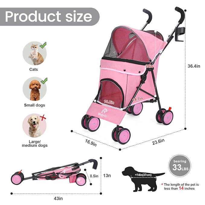 Pet Stroller for Small Dogs Medium Dogs 33lbs, Dog Pram Ultra Light - only 3.5 kg, Dog Stroller Pet Pram with 4 Wheel Foldable/Storage Basket/Cup Holder-P07 (Hot Pink)