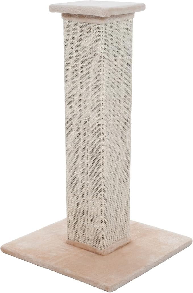 Cat Scratching Post with Carpeted Base - 27.75-Inch Sisal Burlap Fabric Scratcher - Furniture Scratching Deterrent for Indoor Cats by PETMAKER (Beige)